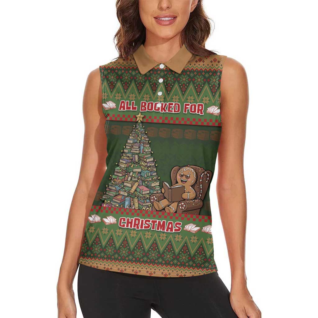 Book Lovers Christmas Women Sleeveless Polo Shirt Gingerbread With Xmas Book Tree - Wonder Print Shop