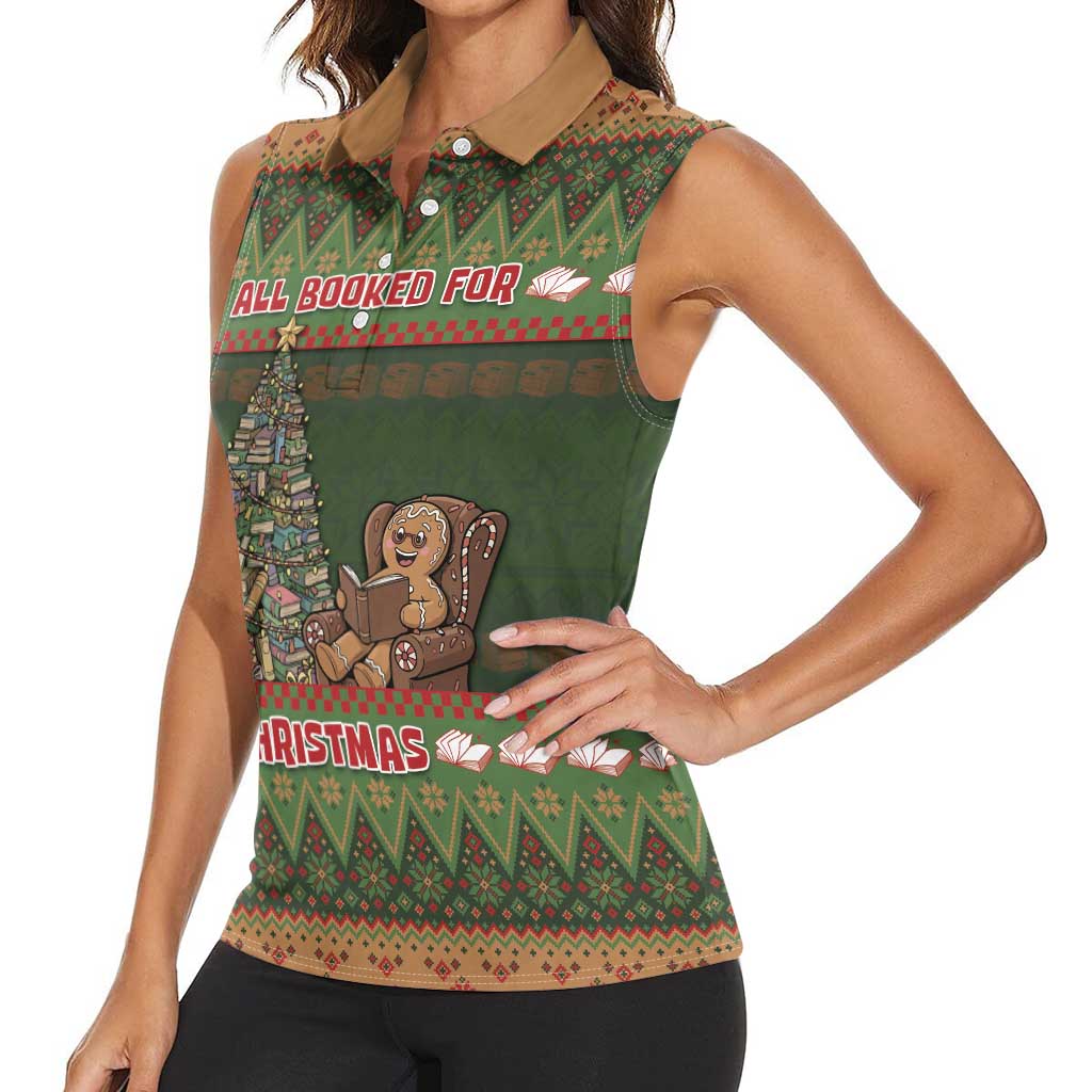 Book Lovers Christmas Women Sleeveless Polo Shirt Gingerbread With Xmas Book Tree - Wonder Print Shop