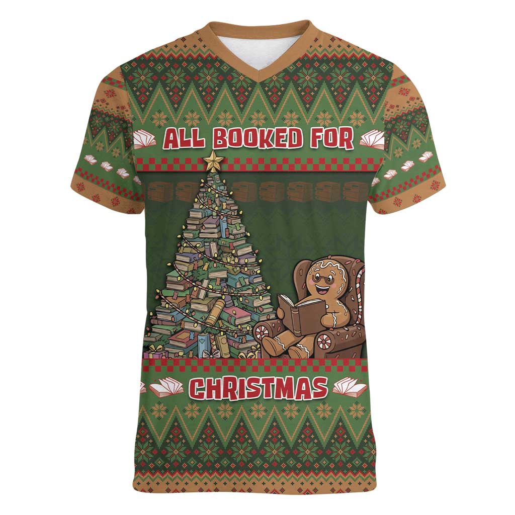 Book Lovers Christmas Women V-Neck T-Shirt Gingerbread With Xmas Book Tree - Wonder Print Shop