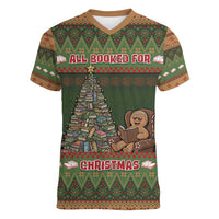 Book Lovers Christmas Women V-Neck T-Shirt Gingerbread With Xmas Book Tree - Wonder Print Shop