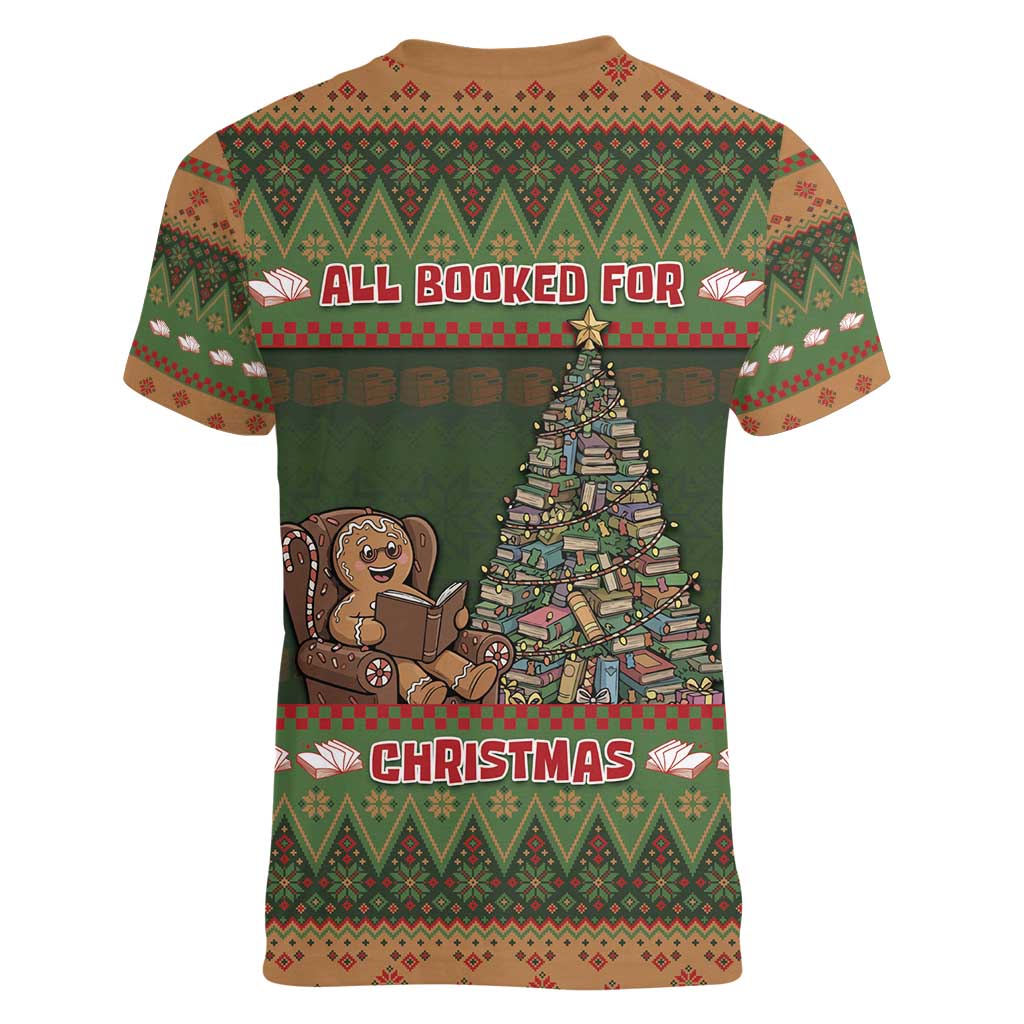 Book Lovers Christmas Women V-Neck T-Shirt Gingerbread With Xmas Book Tree - Wonder Print Shop