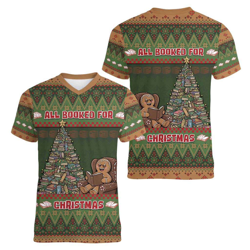 Book Lovers Christmas Women V-Neck T-Shirt Gingerbread With Xmas Book Tree - Wonder Print Shop