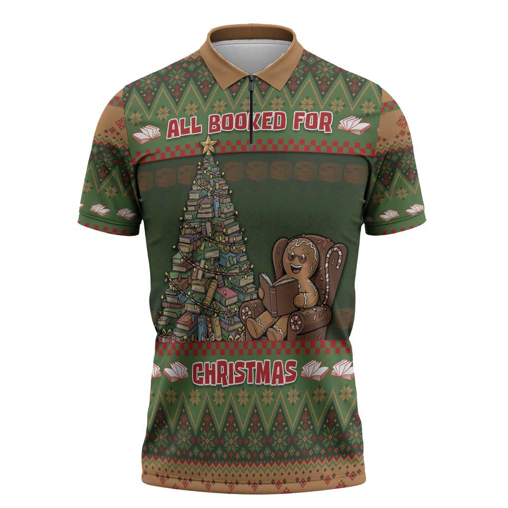 Book Lovers Christmas Zipper Polo Shirt Gingerbread With Xmas Book Tree - Wonder Print Shop