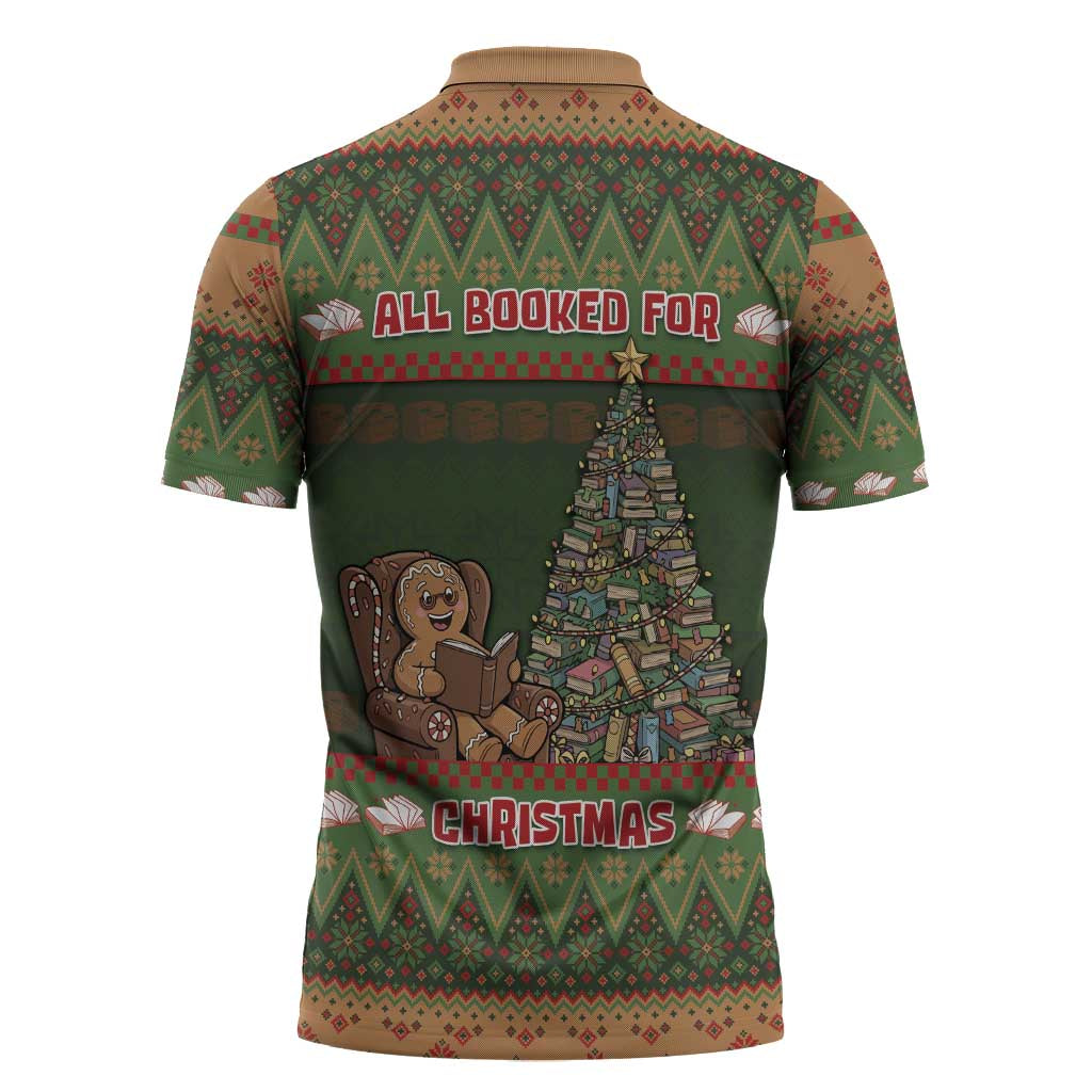Book Lovers Christmas Zipper Polo Shirt Gingerbread With Xmas Book Tree - Wonder Print Shop