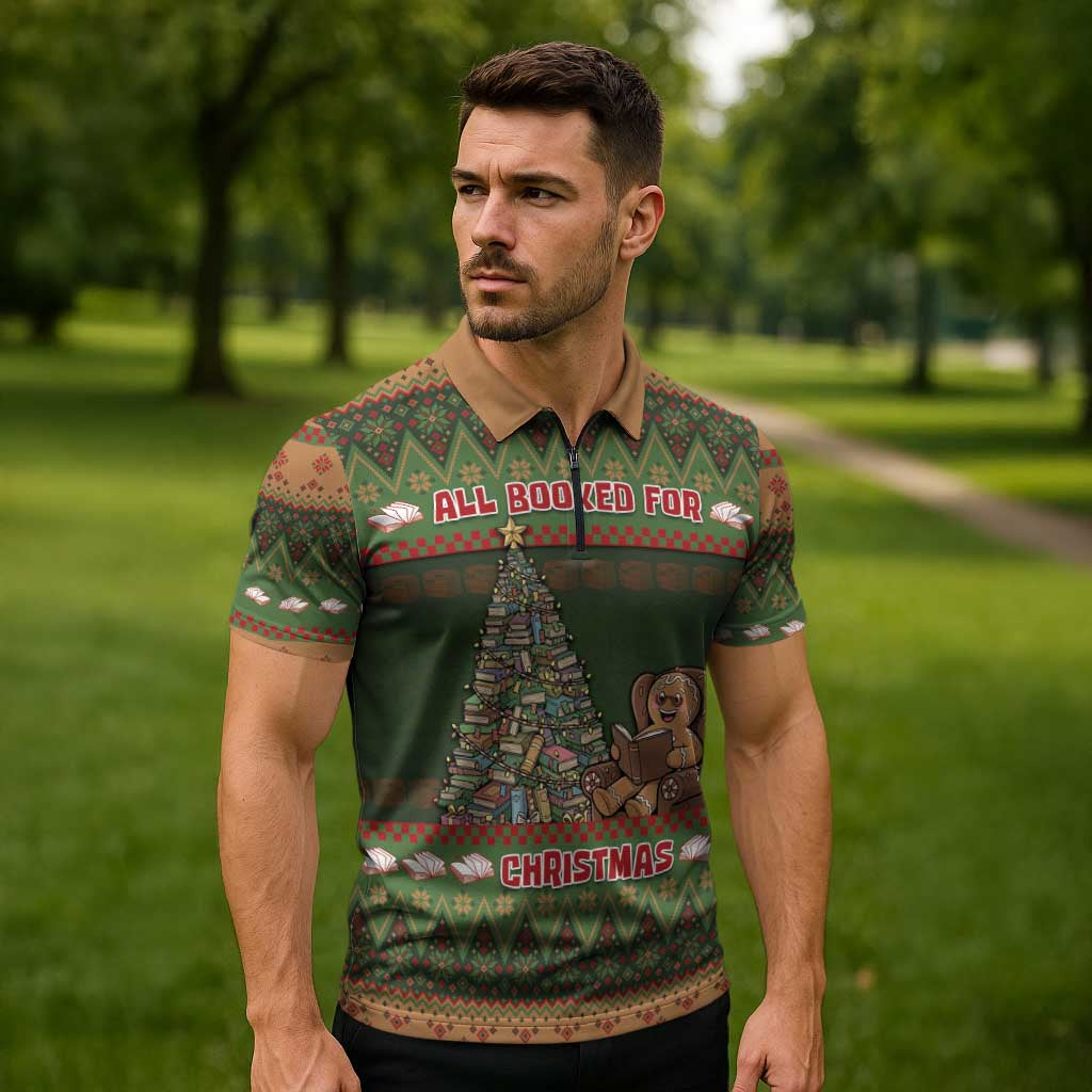 Book Lovers Christmas Zipper Polo Shirt Gingerbread With Xmas Book Tree - Wonder Print Shop