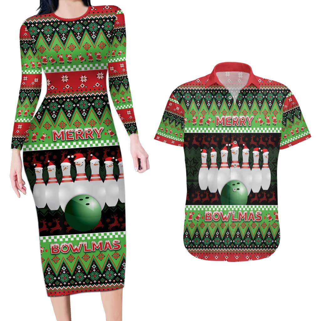 Bowling Christmas Couples Matching Long Sleeve Bodycon Dress and Hawaiian Shirt Merry Bowlmas - Wonder Print Shop