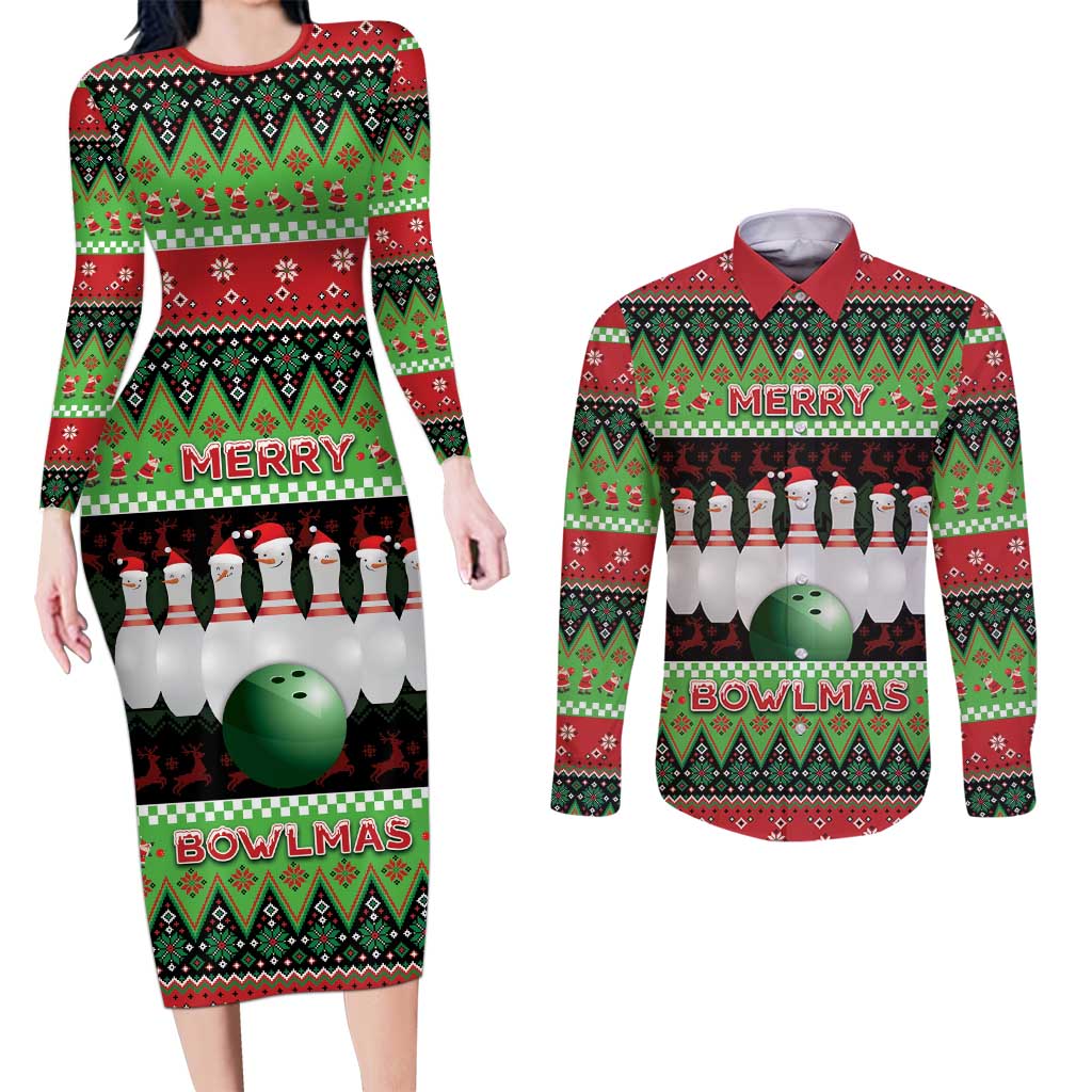 Bowling Christmas Couples Matching Long Sleeve Bodycon Dress and Long Sleeve Button Shirt Merry Bowlmas - Wonder Print Shop