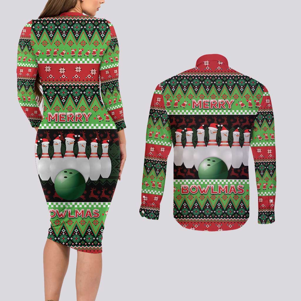 Bowling Christmas Couples Matching Long Sleeve Bodycon Dress and Long Sleeve Button Shirt Merry Bowlmas - Wonder Print Shop