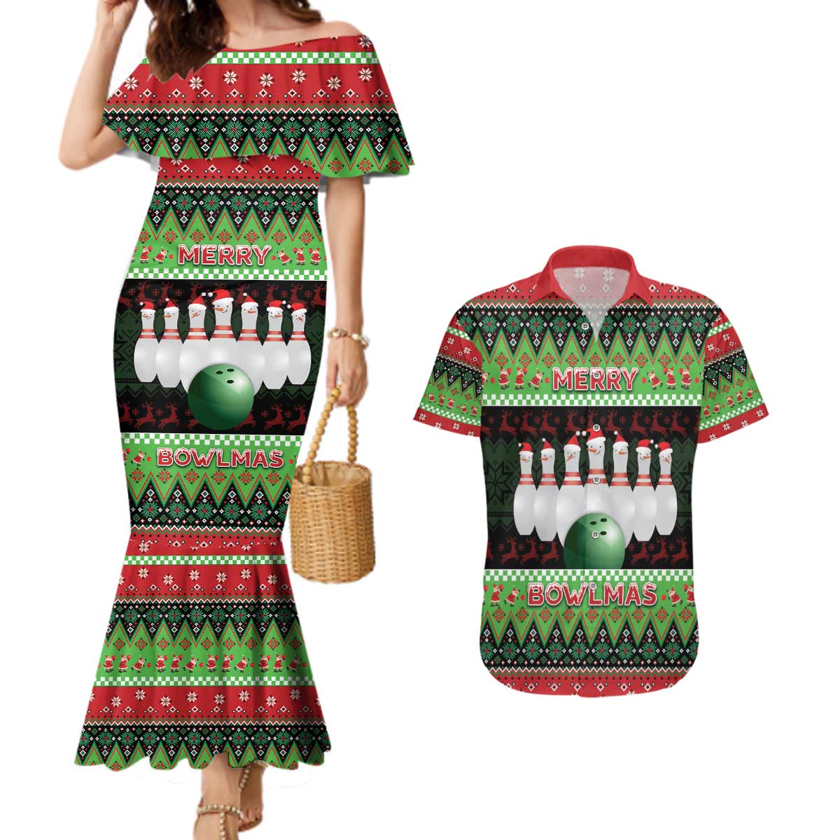 Bowling Christmas Couples Matching Mermaid Dress and Hawaiian Shirt Merry Bowlmas - Wonder Print Shop
