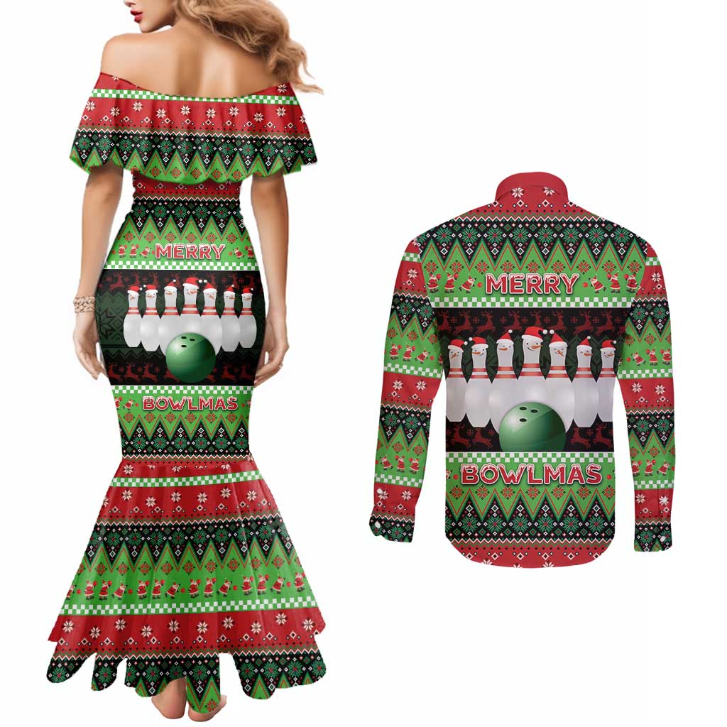 Bowling Christmas Couples Matching Mermaid Dress and Long Sleeve Button Shirt Merry Bowlmas - Wonder Print Shop