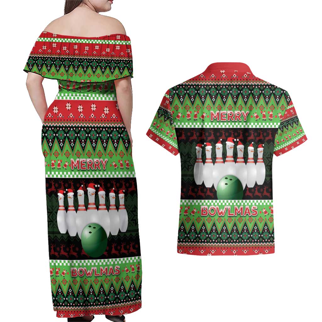 Bowling Christmas Couples Matching Off Shoulder Maxi Dress and Hawaiian Shirt Merry Bowlmas - Wonder Print Shop