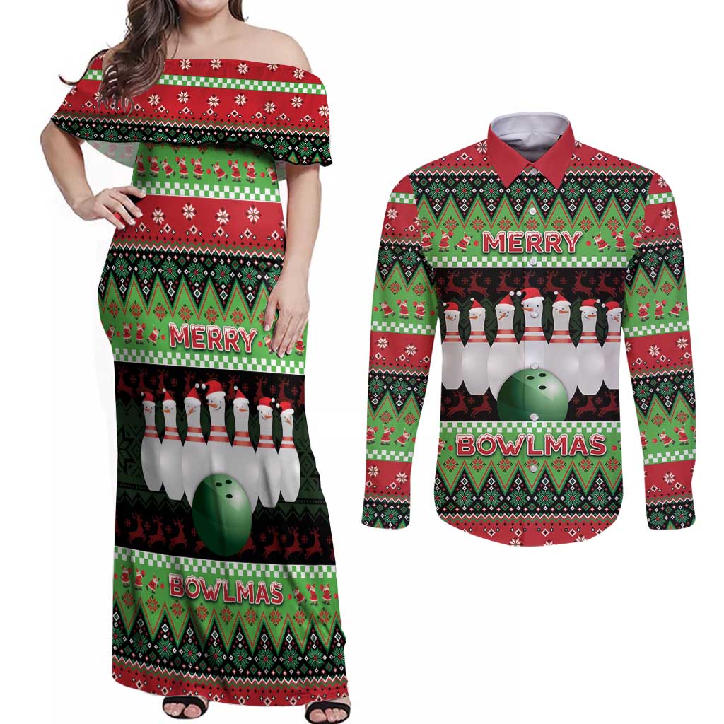 Bowling Christmas Couples Matching Off Shoulder Maxi Dress and Long Sleeve Button Shirt Merry Bowlmas - Wonder Print Shop
