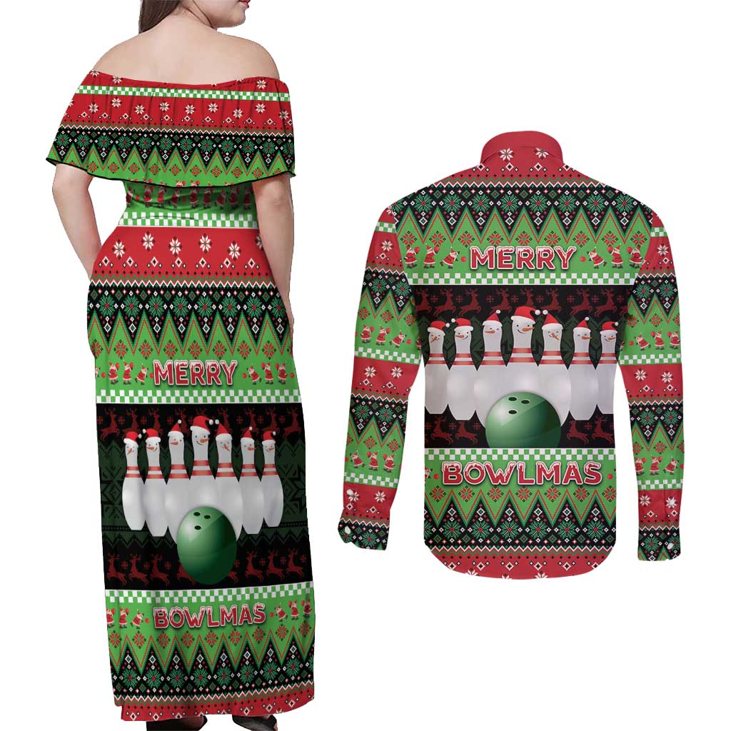 Bowling Christmas Couples Matching Off Shoulder Maxi Dress and Long Sleeve Button Shirt Merry Bowlmas - Wonder Print Shop