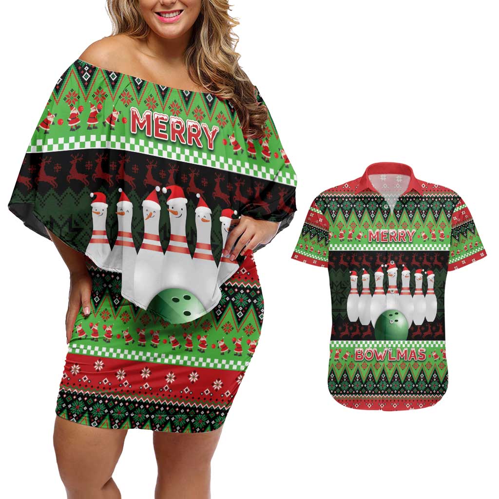 Bowling Christmas Couples Matching Off Shoulder Short Dress and Hawaiian Shirt Merry Bowlmas - Wonder Print Shop