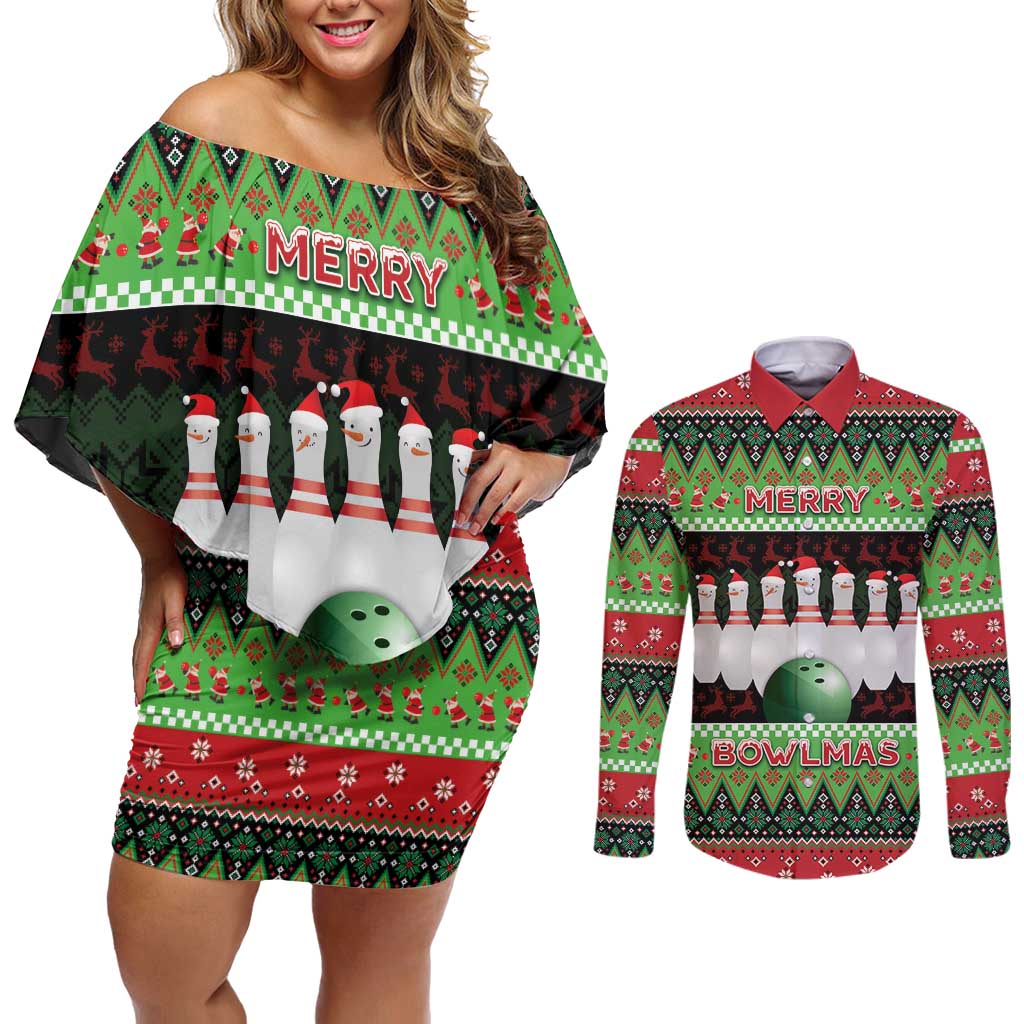 Bowling Christmas Couples Matching Off Shoulder Short Dress and Long Sleeve Button Shirt Merry Bowlmas - Wonder Print Shop