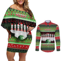 Bowling Christmas Couples Matching Off Shoulder Short Dress and Long Sleeve Button Shirt Merry Bowlmas - Wonder Print Shop