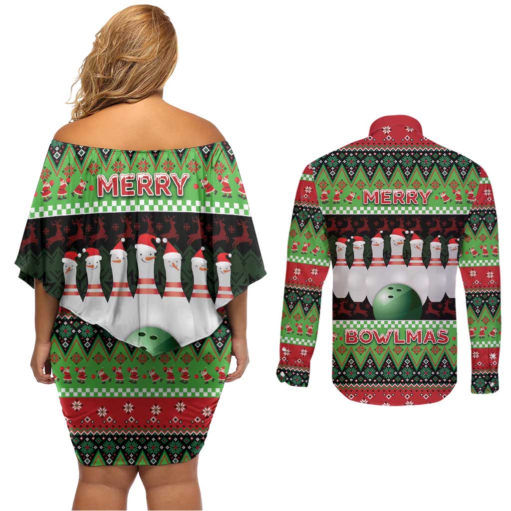 Bowling Christmas Couples Matching Off Shoulder Short Dress and Long Sleeve Button Shirt Merry Bowlmas - Wonder Print Shop