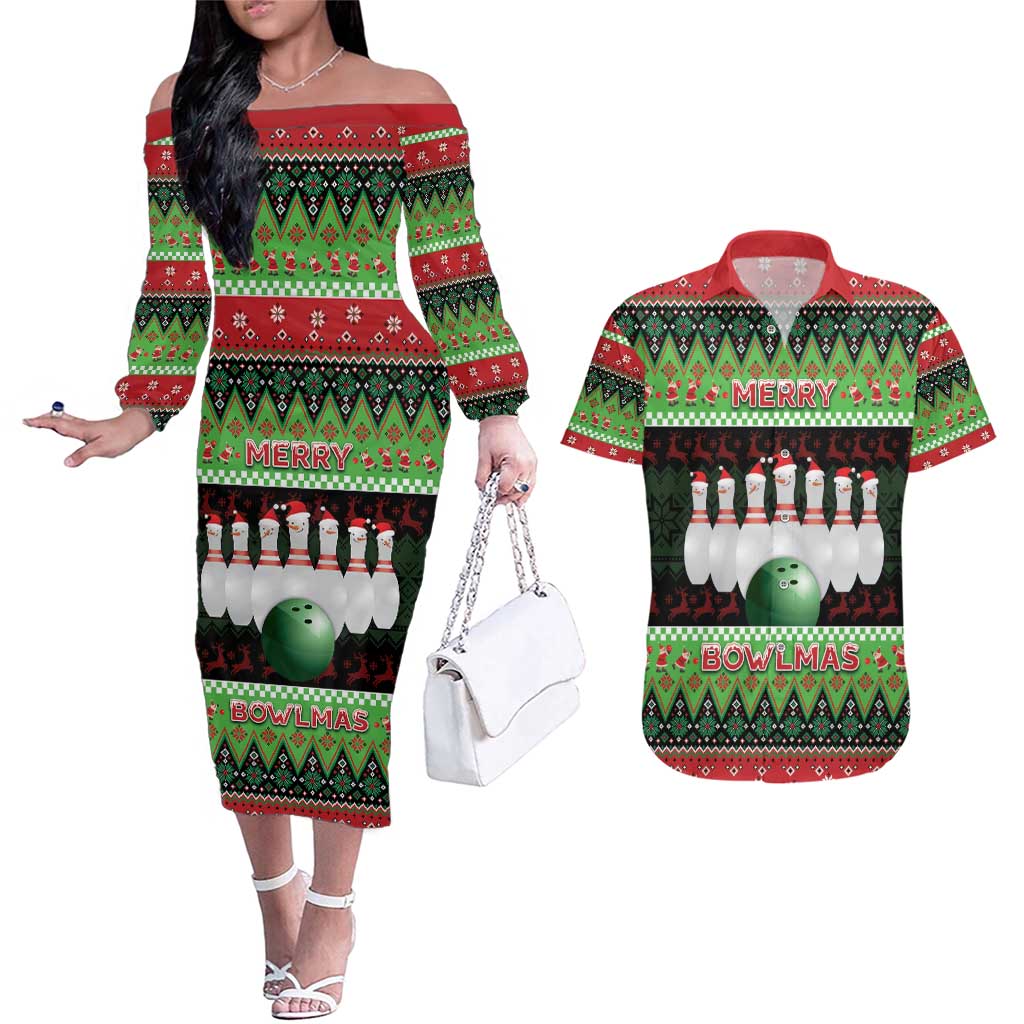 Bowling Christmas Couples Matching Off The Shoulder Long Sleeve Dress and Hawaiian Shirt Merry Bowlmas - Wonder Print Shop