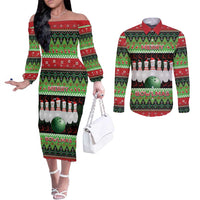 Bowling Christmas Couples Matching Off The Shoulder Long Sleeve Dress and Long Sleeve Button Shirt Merry Bowlmas - Wonder Print Shop