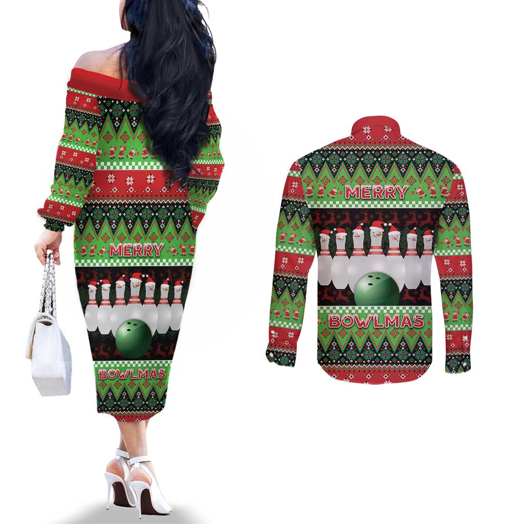 Bowling Christmas Couples Matching Off The Shoulder Long Sleeve Dress and Long Sleeve Button Shirt Merry Bowlmas - Wonder Print Shop
