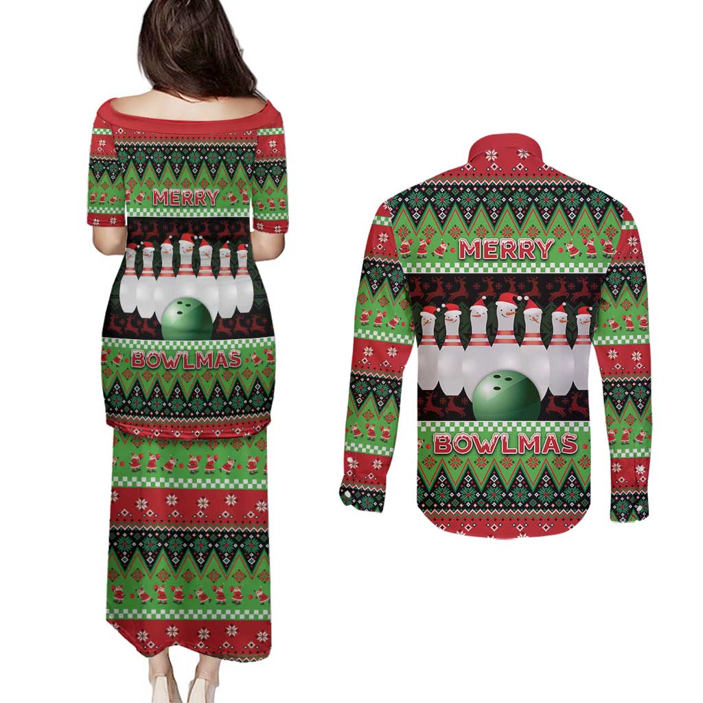 Bowling Christmas Couples Matching Puletasi and Long Sleeve Button Shirt Merry Bowlmas - Wonder Print Shop