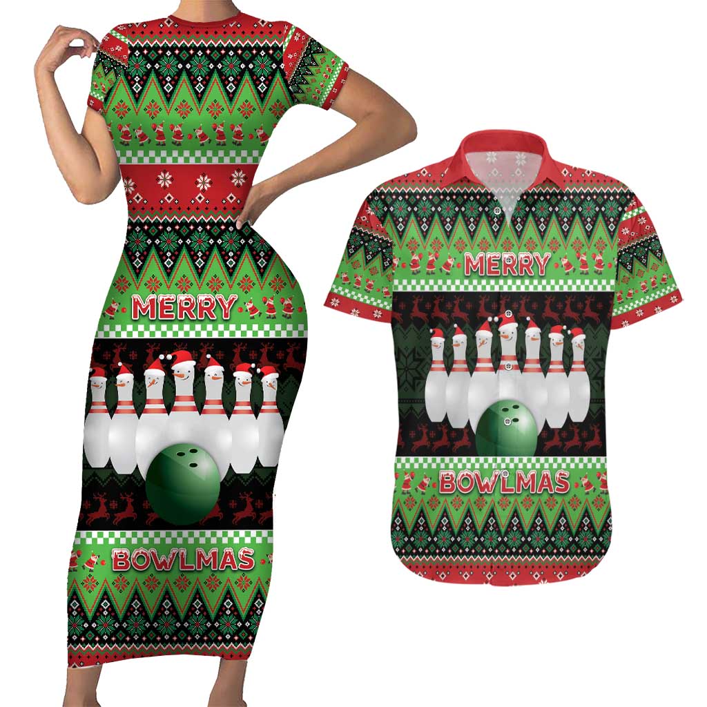 Bowling Christmas Couples Matching Short Sleeve Bodycon Dress and Hawaiian Shirt Merry Bowlmas - Wonder Print Shop