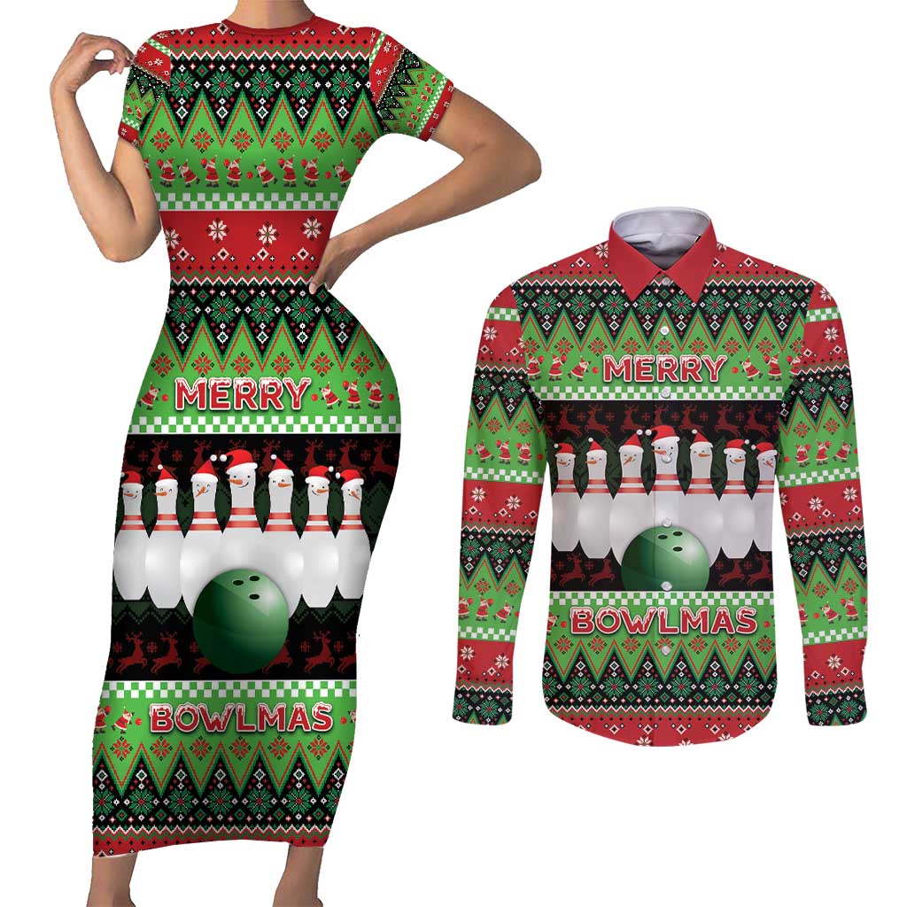 Bowling Christmas Couples Matching Short Sleeve Bodycon Dress and Long Sleeve Button Shirt Merry Bowlmas - Wonder Print Shop