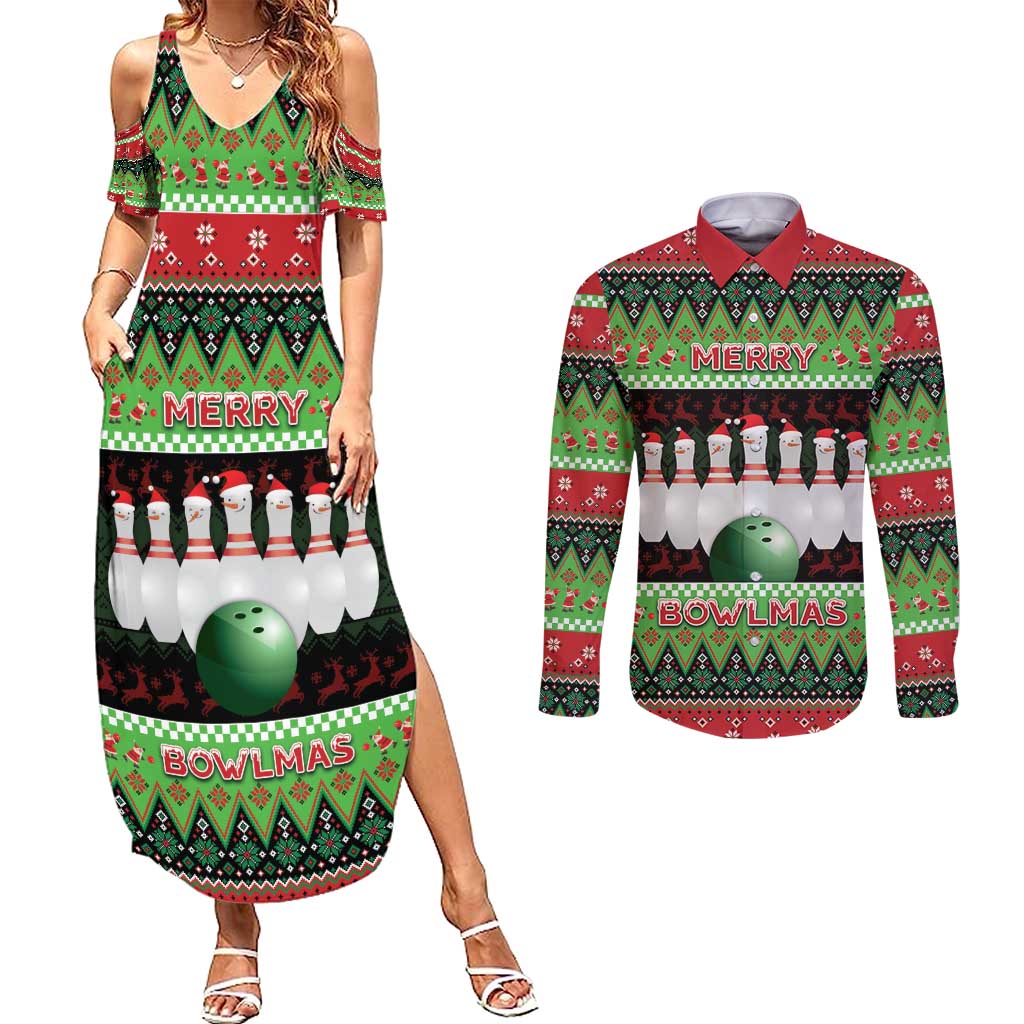 Bowling Christmas Couples Matching Summer Maxi Dress and Long Sleeve Button Shirt Merry Bowlmas - Wonder Print Shop