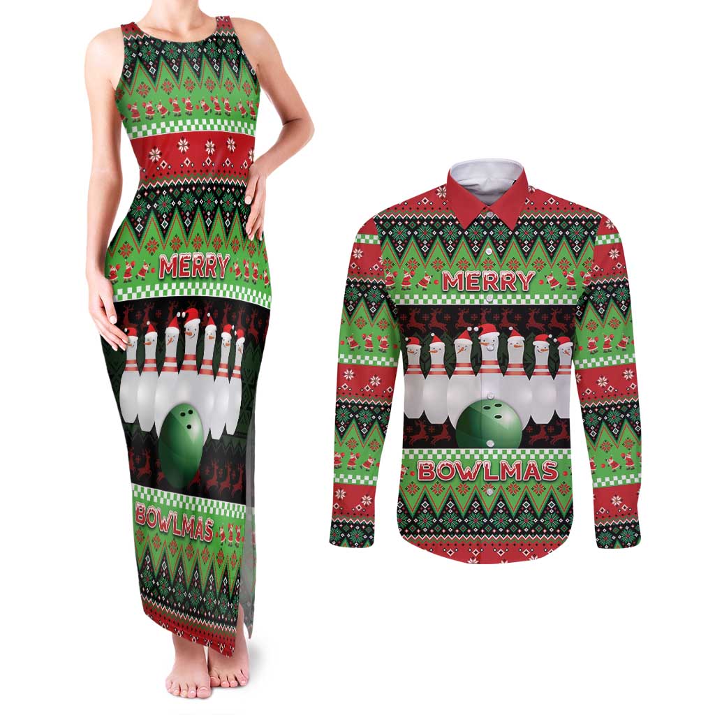Bowling Christmas Couples Matching Tank Maxi Dress and Long Sleeve Button Shirt Merry Bowlmas - Wonder Print Shop
