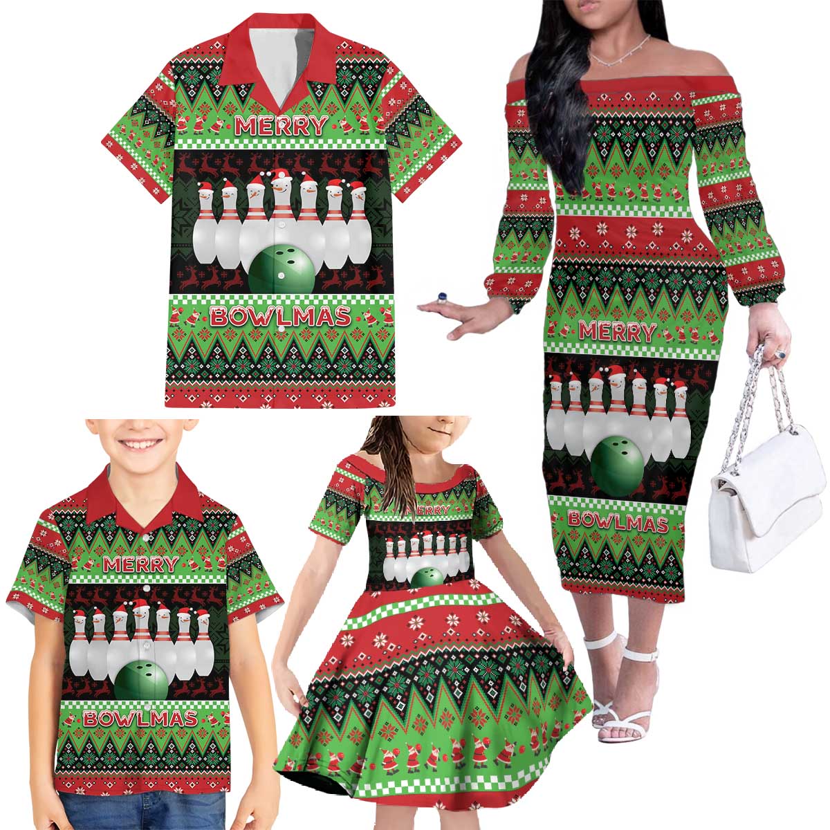 Bowling Christmas Family Matching Off The Shoulder Long Sleeve Dress and Hawaiian Shirt Merry Bowlmas - Wonder Print Shop
