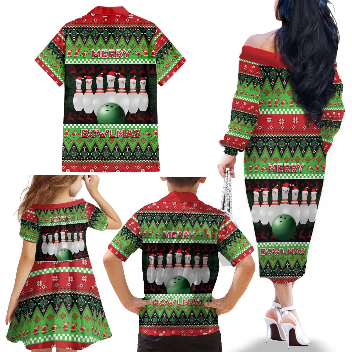 Bowling Christmas Family Matching Off The Shoulder Long Sleeve Dress and Hawaiian Shirt Merry Bowlmas - Wonder Print Shop