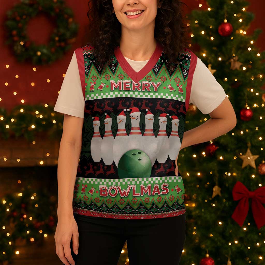 Bowling Christmas Knitted V-Neck Vest Merry Bowlmas - Wonder Print Shop