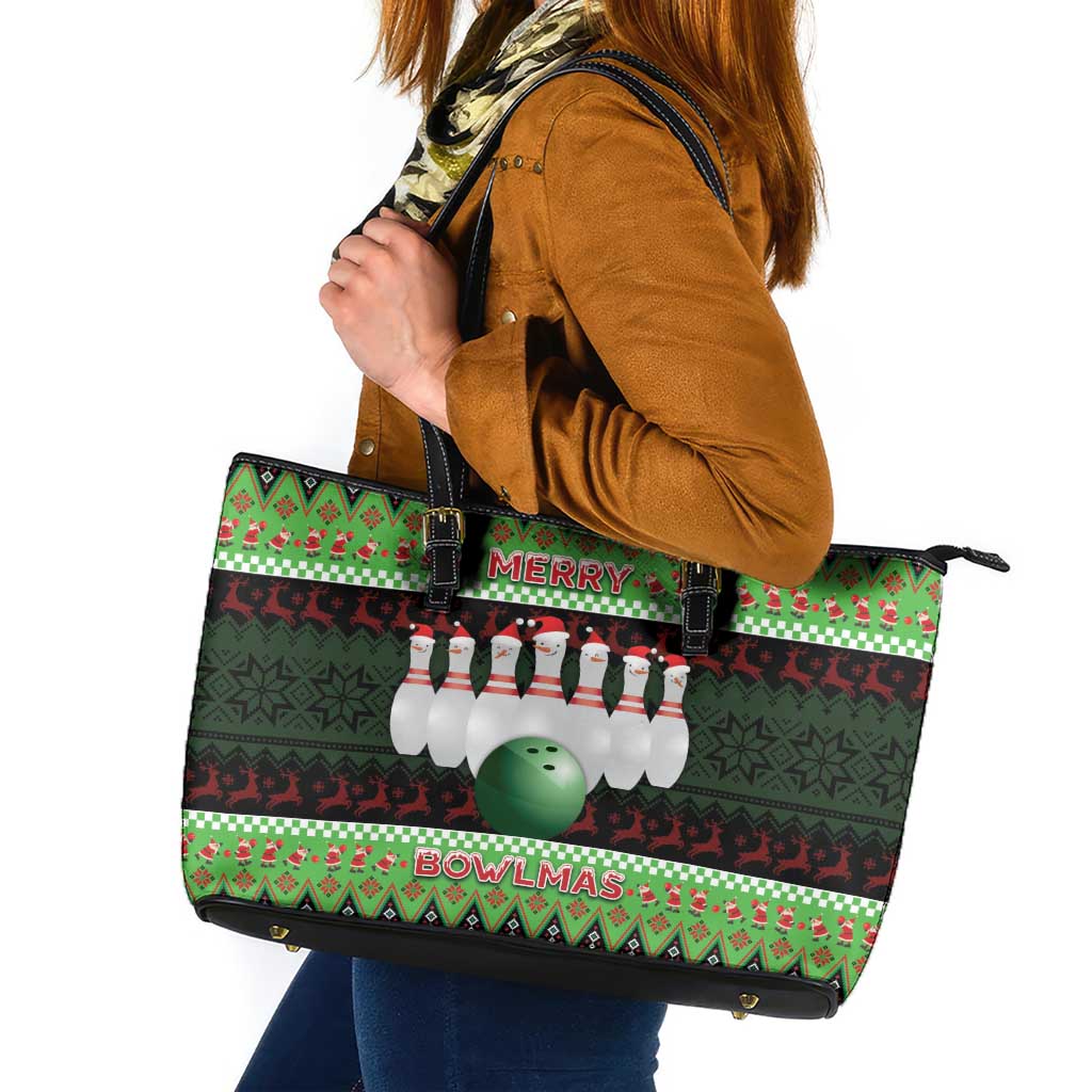Bowling Christmas Leather Tote Bag Merry Bowlmas - Wonder Print Shop