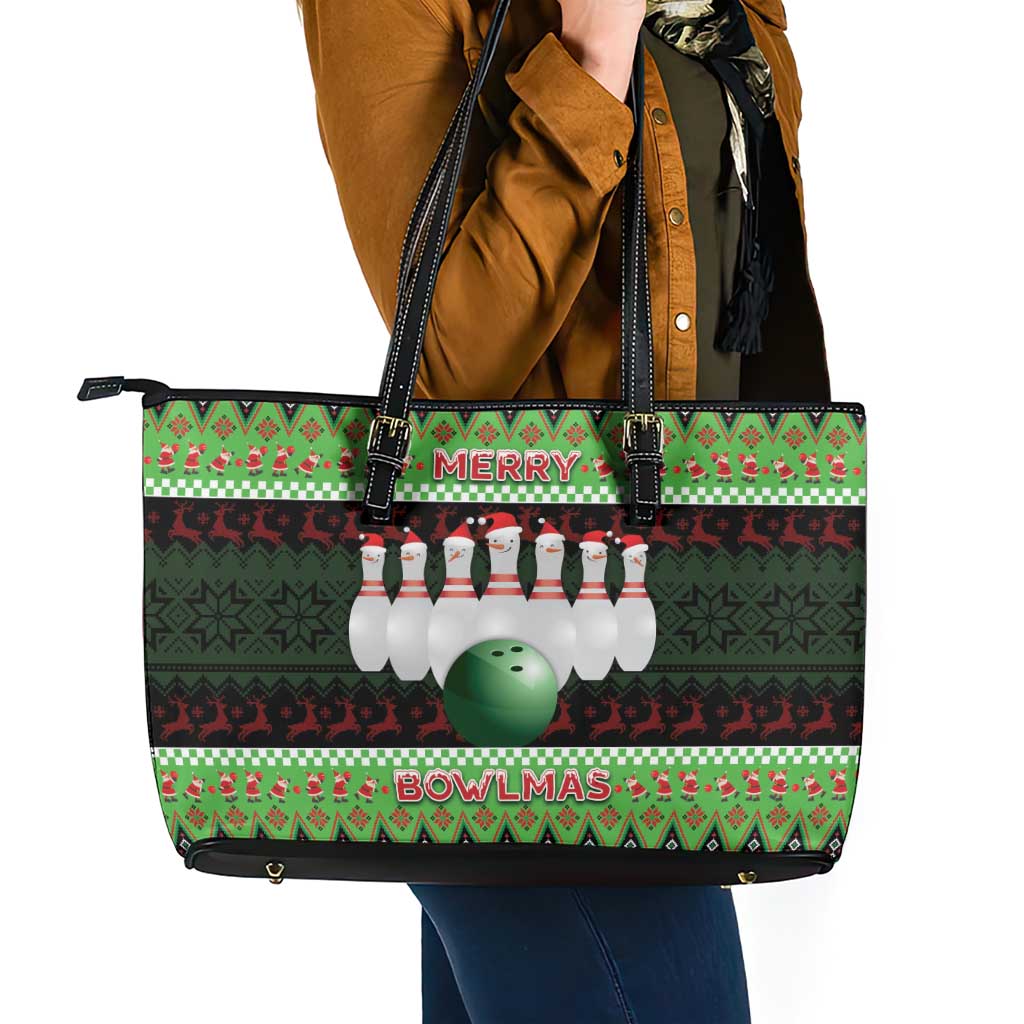 Bowling Christmas Leather Tote Bag Merry Bowlmas - Wonder Print Shop
