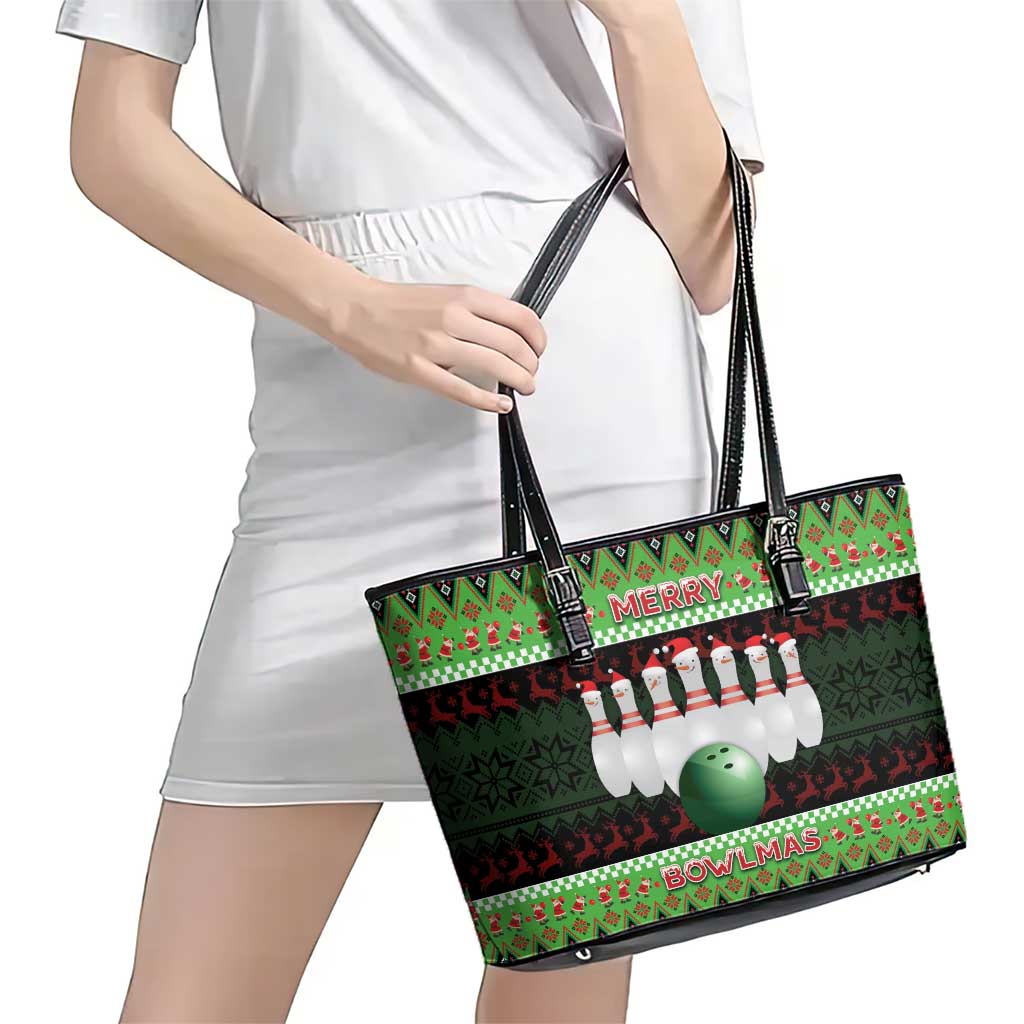 Bowling Christmas Leather Tote Bag Merry Bowlmas - Wonder Print Shop