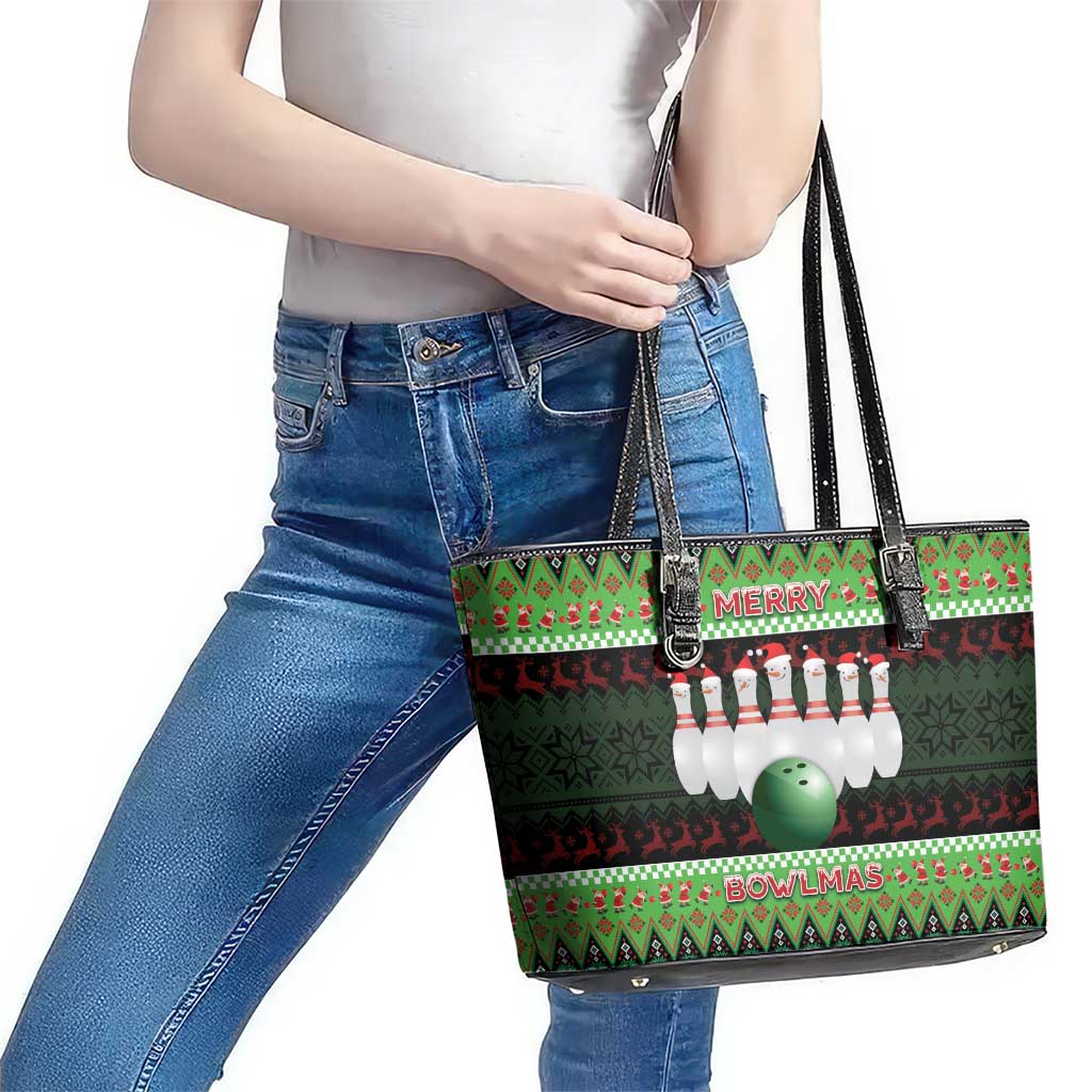Bowling Christmas Leather Tote Bag Merry Bowlmas - Wonder Print Shop