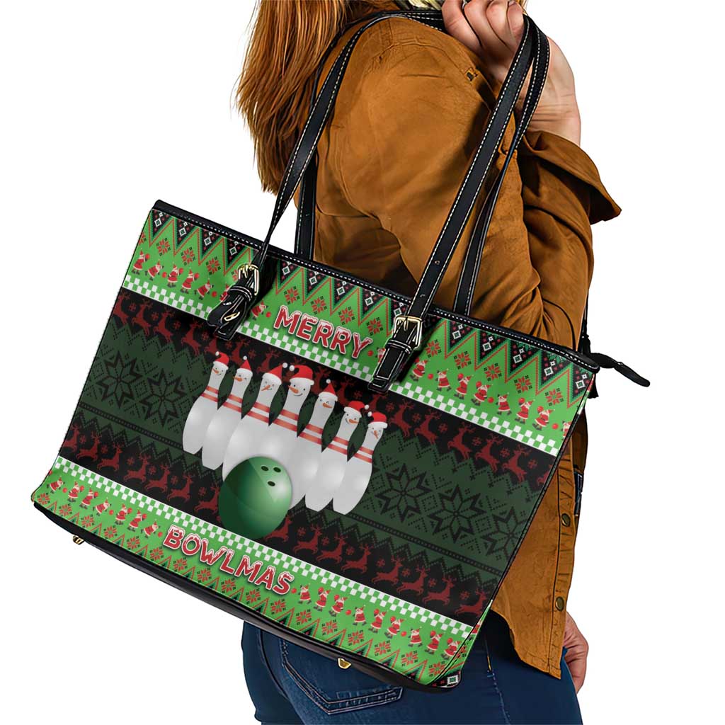 Bowling Christmas Leather Tote Bag Merry Bowlmas - Wonder Print Shop