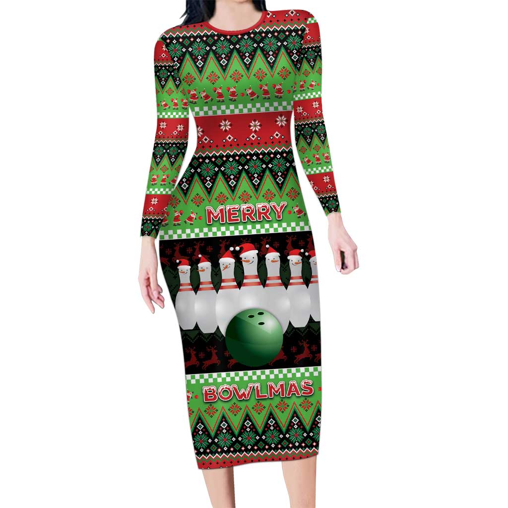 Bowling Christmas Long Sleeve Bodycon Dress Merry Bowlmas - Wonder Print Shop