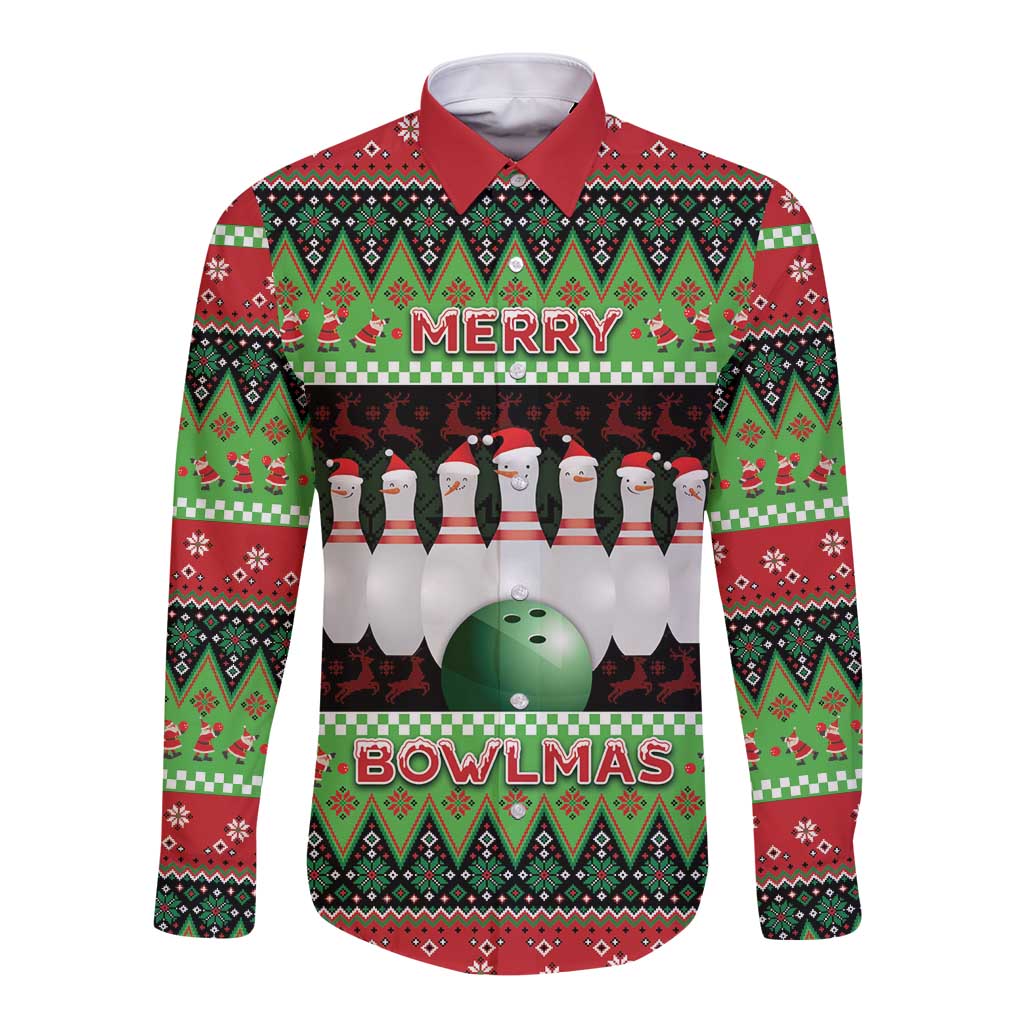 Bowling Christmas Long Sleeve Button Shirt Merry Bowlmas - Wonder Print Shop