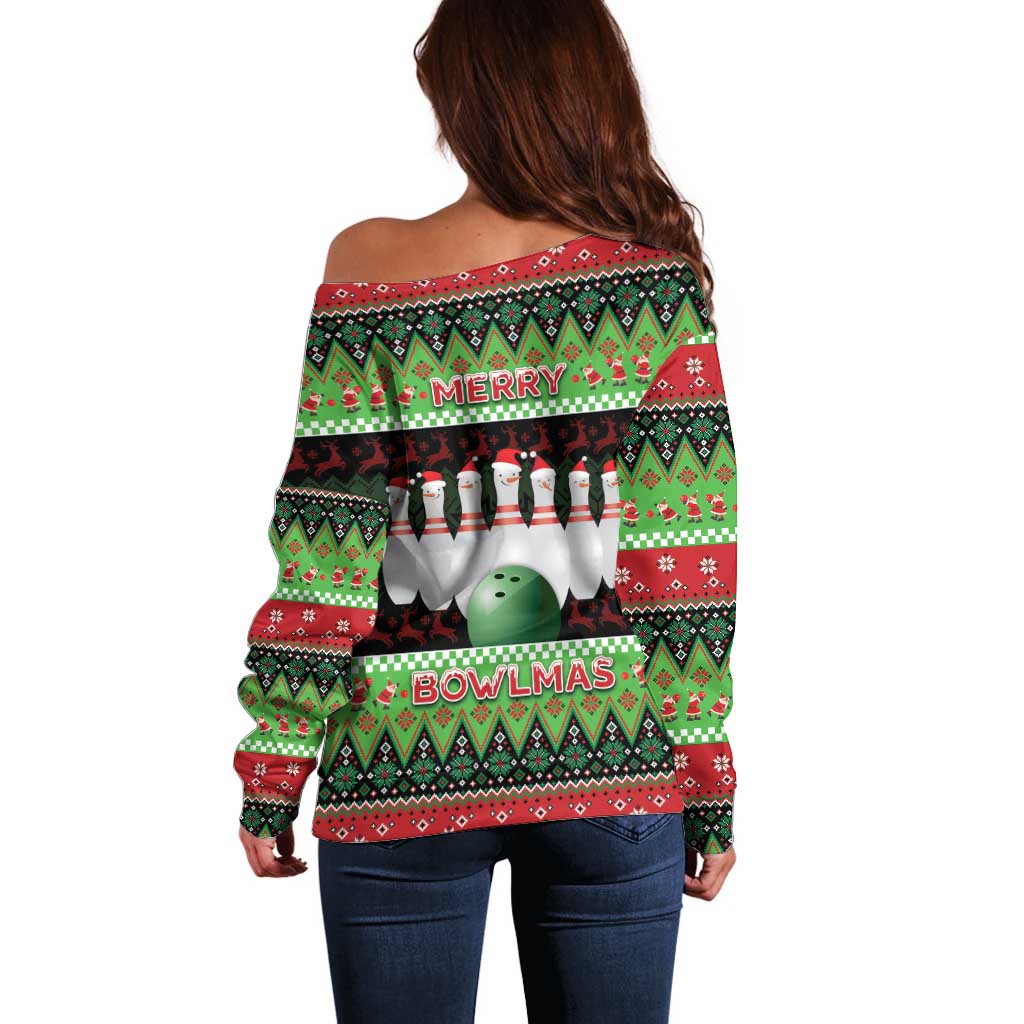 Bowling Christmas Off Shoulder Sweater Merry Bowlmas - Wonder Print Shop