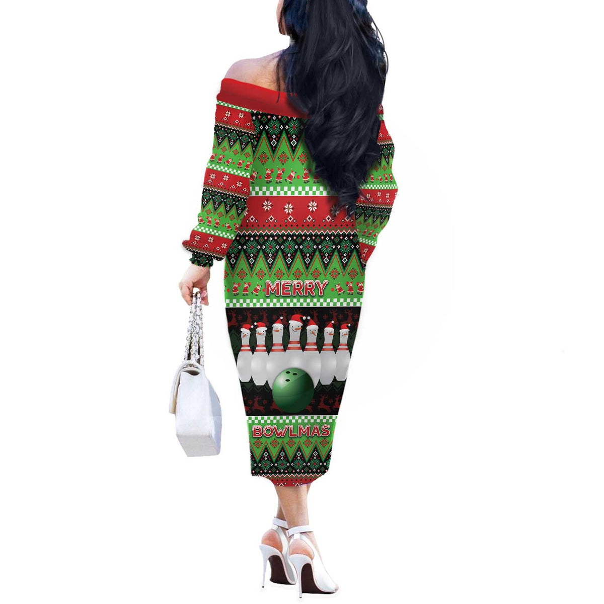 Bowling Christmas Off The Shoulder Long Sleeve Dress Merry Bowlmas - Wonder Print Shop