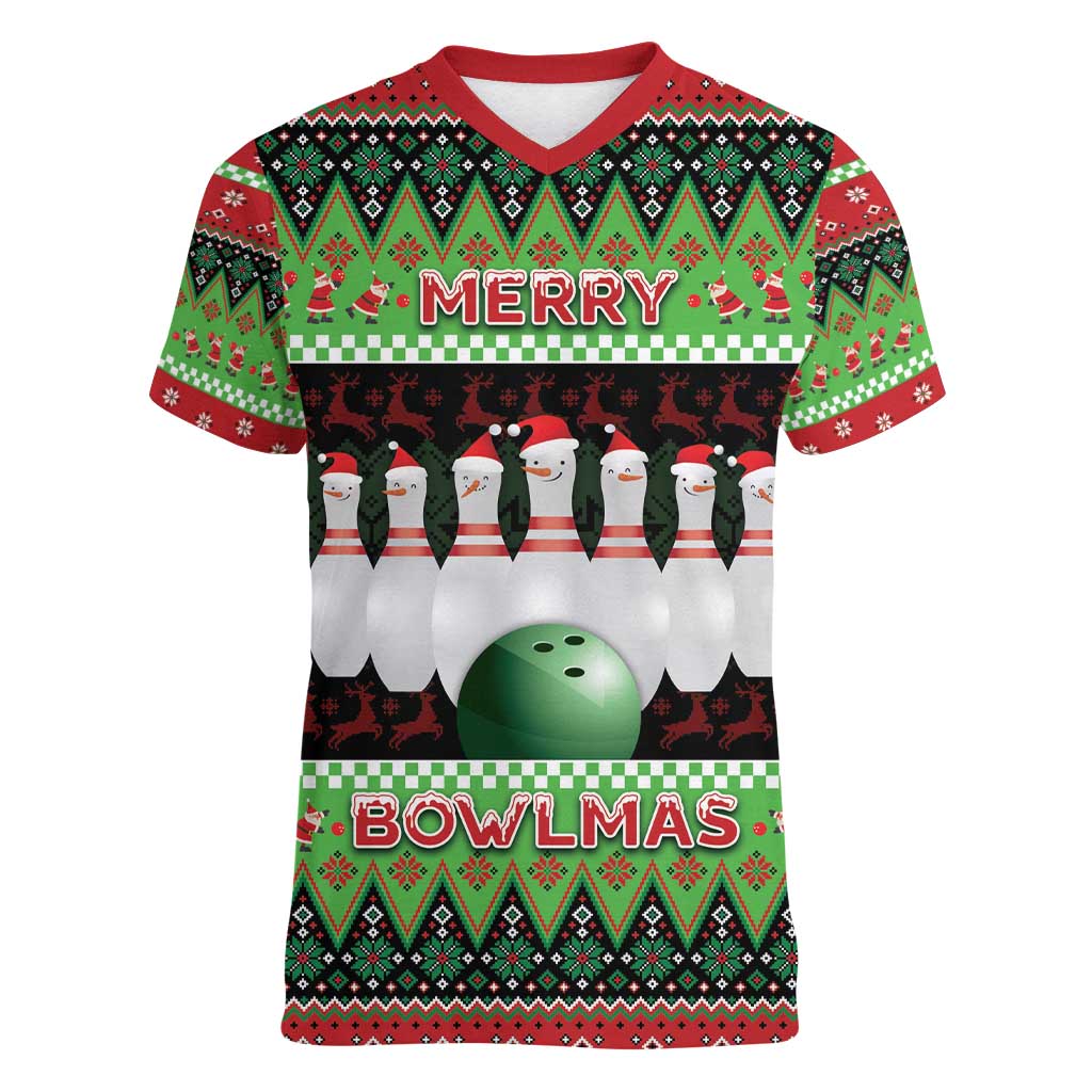 Bowling Christmas Women V-Neck T-Shirt Merry Bowlmas - Wonder Print Shop