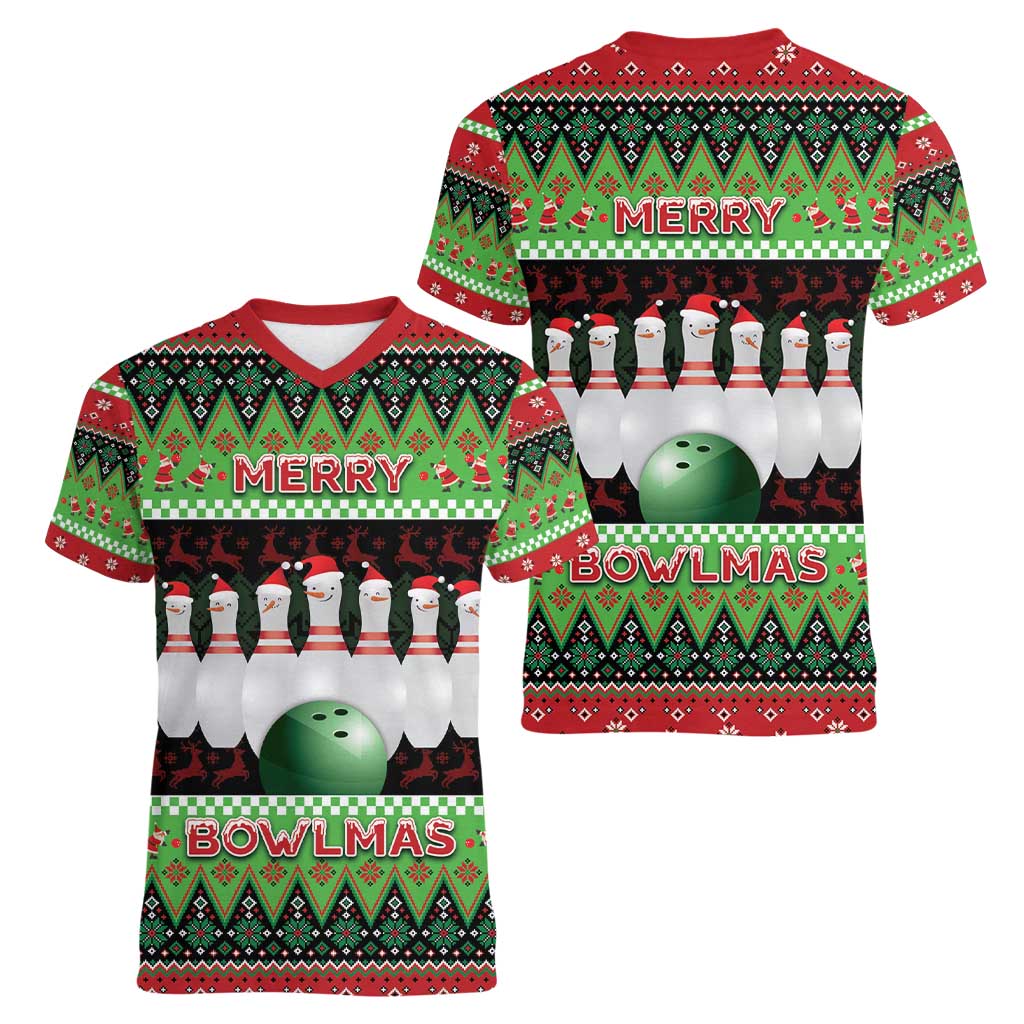Bowling Christmas Women V-Neck T-Shirt Merry Bowlmas - Wonder Print Shop