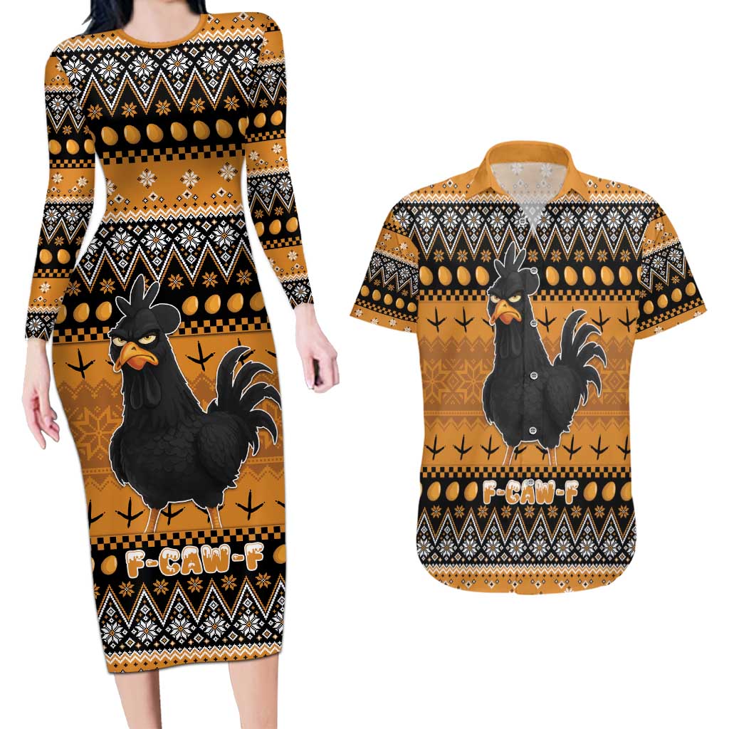 Chicken Christmas Couples Matching Long Sleeve Bodycon Dress and Hawaiian Shirt F Caw F - Wonder Print Shop
