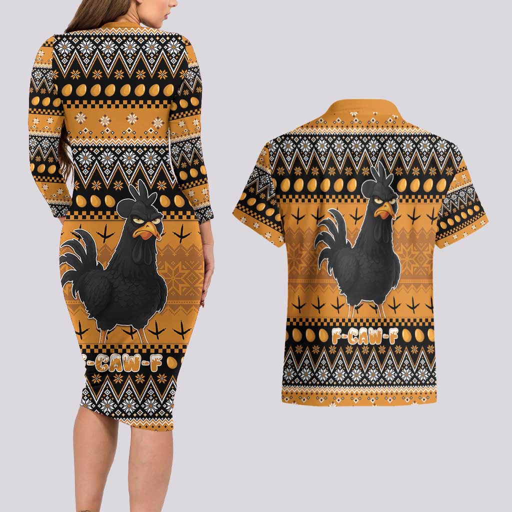 Chicken Christmas Couples Matching Long Sleeve Bodycon Dress and Hawaiian Shirt F Caw F - Wonder Print Shop