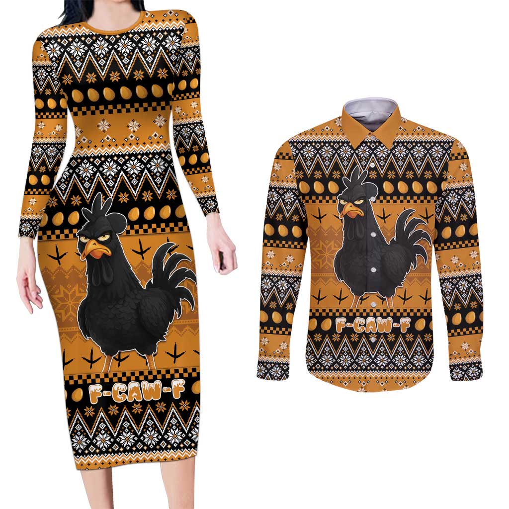 Chicken Christmas Couples Matching Long Sleeve Bodycon Dress and Long Sleeve Button Shirt F Caw F - Wonder Print Shop