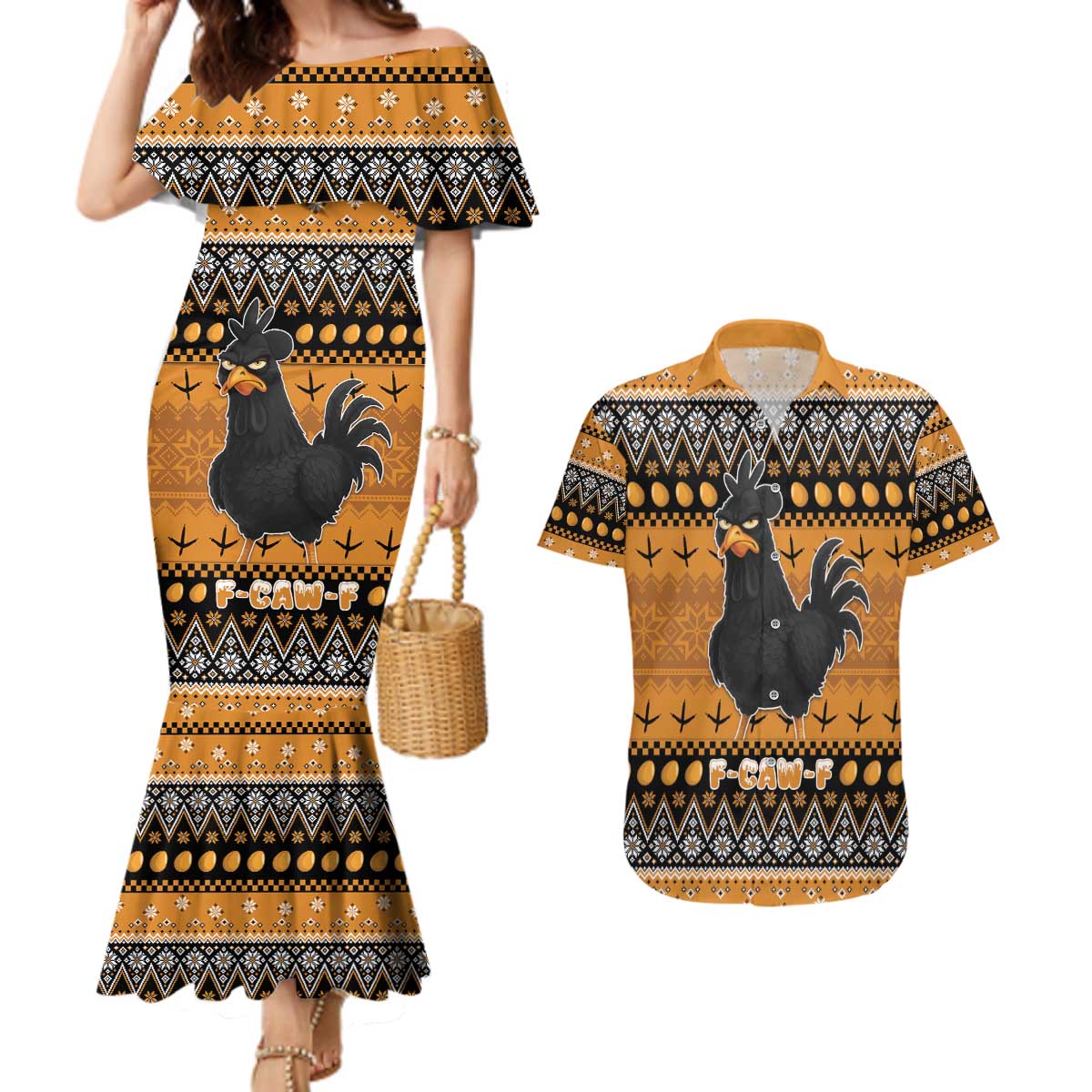 Chicken Christmas Couples Matching Mermaid Dress and Hawaiian Shirt F Caw F - Wonder Print Shop