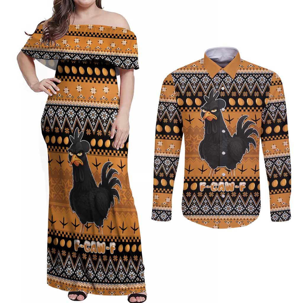 Chicken Christmas Couples Matching Off Shoulder Maxi Dress and Long Sleeve Button Shirt F Caw F - Wonder Print Shop