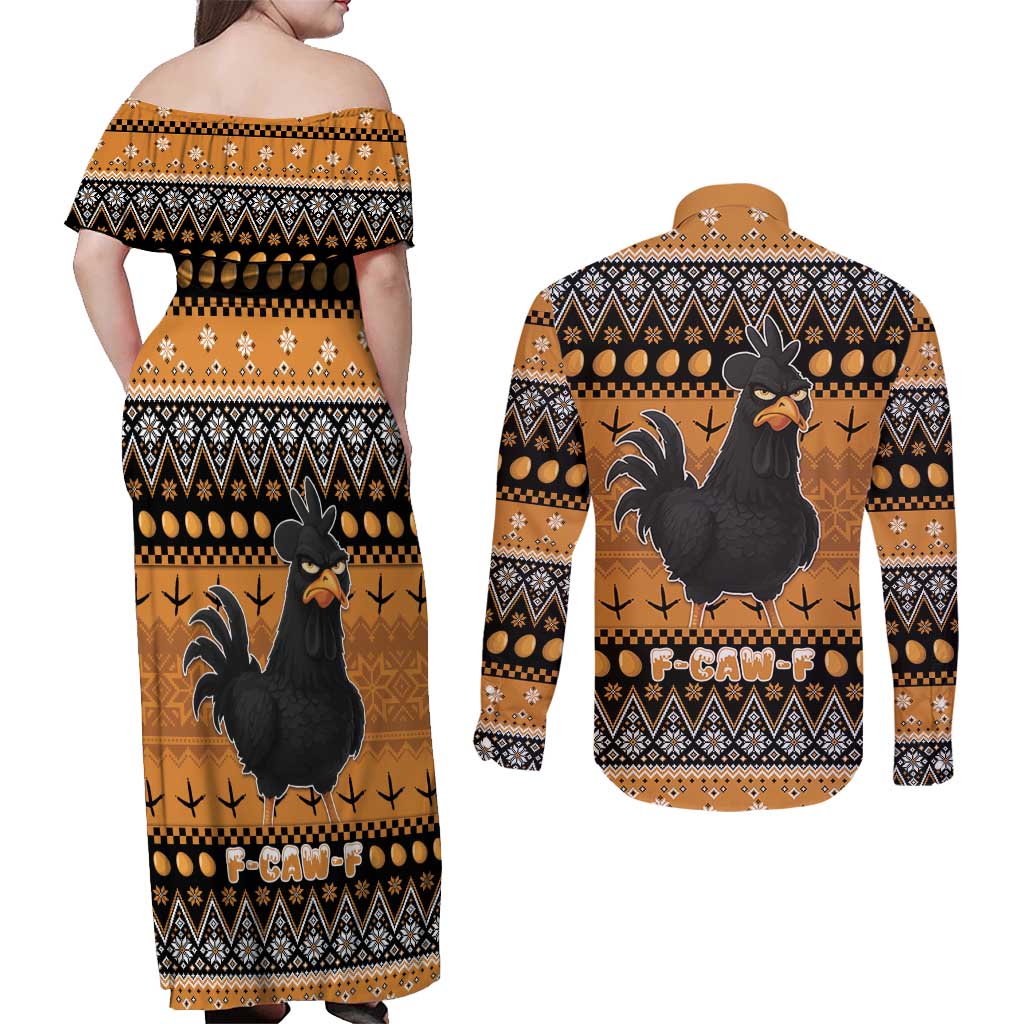 Chicken Christmas Couples Matching Off Shoulder Maxi Dress and Long Sleeve Button Shirt F Caw F - Wonder Print Shop