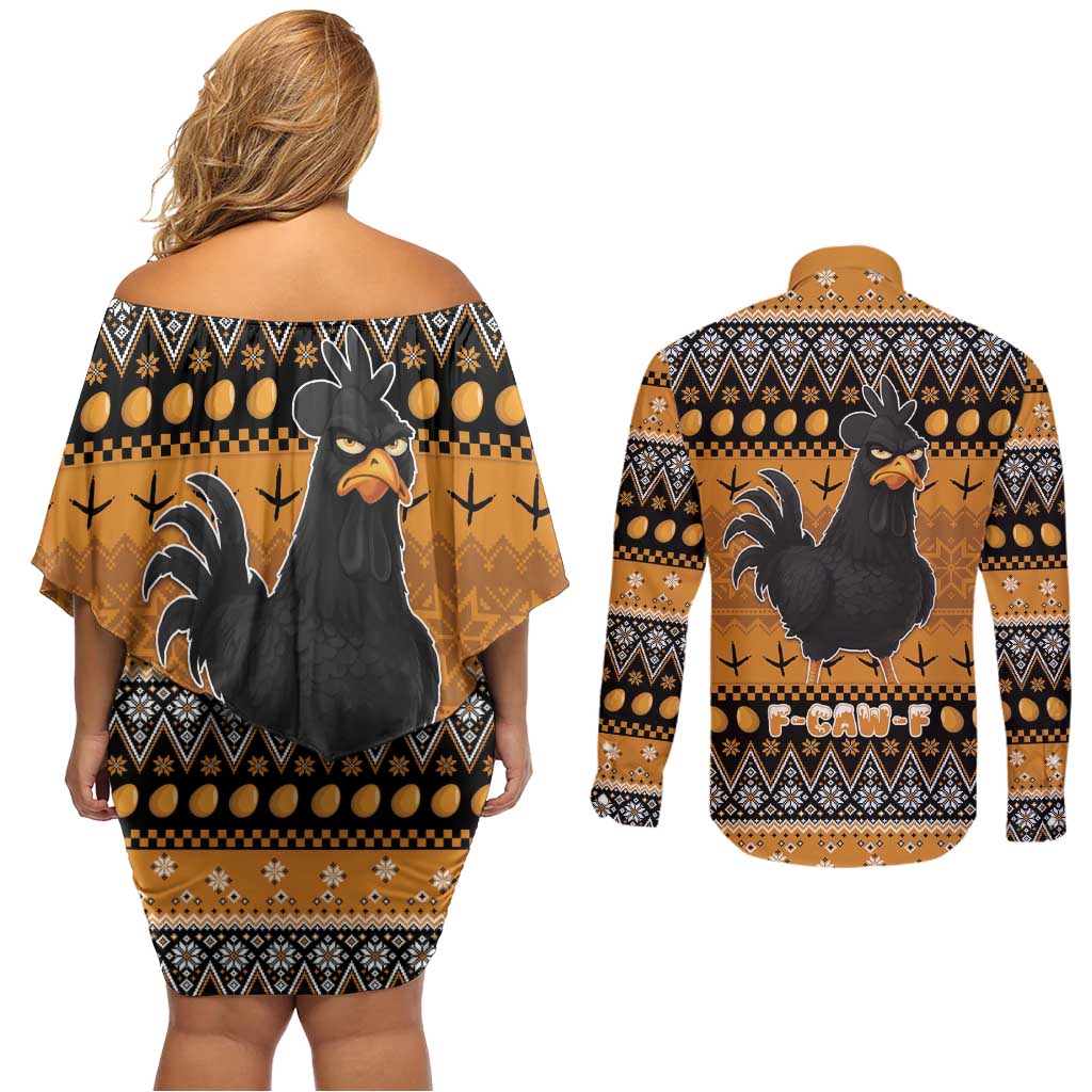 Chicken Christmas Couples Matching Off Shoulder Short Dress and Long Sleeve Button Shirt F Caw F - Wonder Print Shop